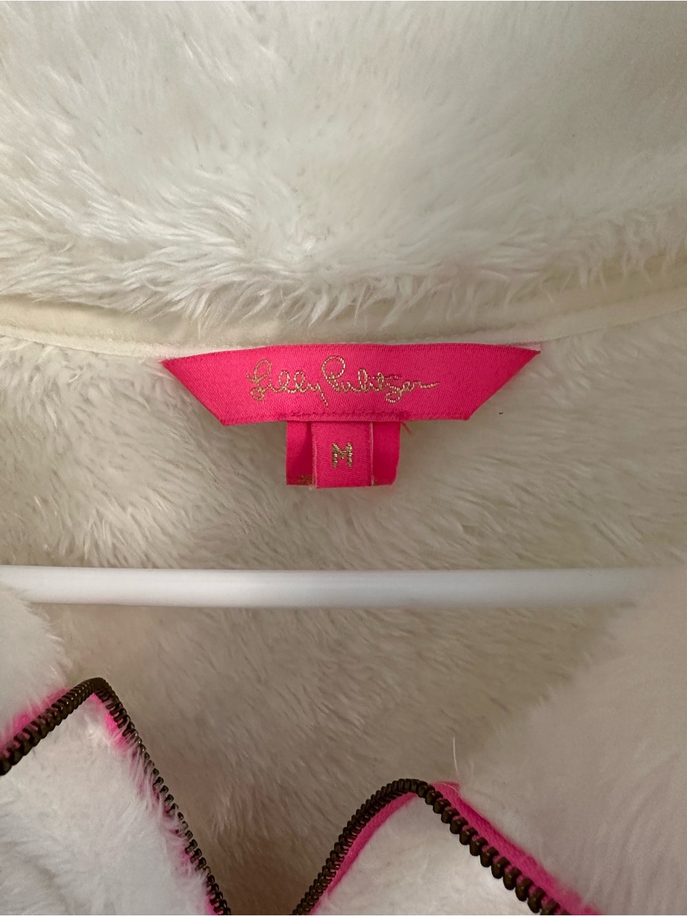 Lilly Pulitzer Barkley Coconut White Plush Zip Jacket with Hot Pink Trim - Picture 2 of 2